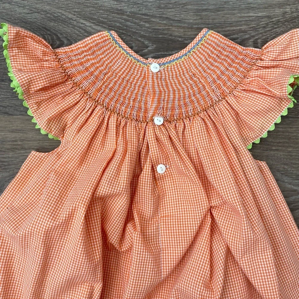 Mom & Me Smocked Orange Gingham Embroidered Fall Dress Girls Size 4